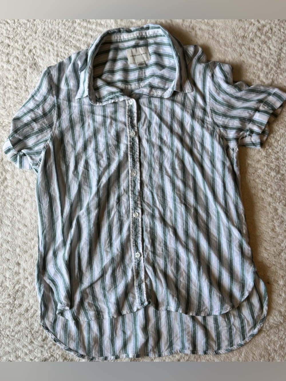 American Eagle Outfitters Green and White Striped Button-Up Shirt